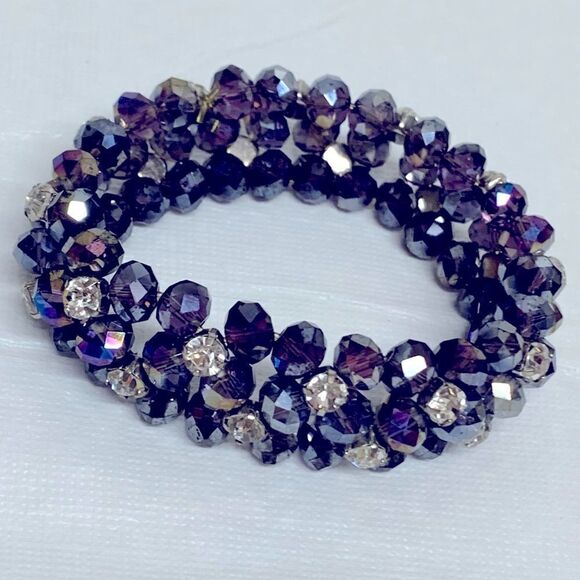 Vintage Shimmering Aurora Borealis Beads & Rhinestones Bracelet Purple OSFA - Picture 1 of 6